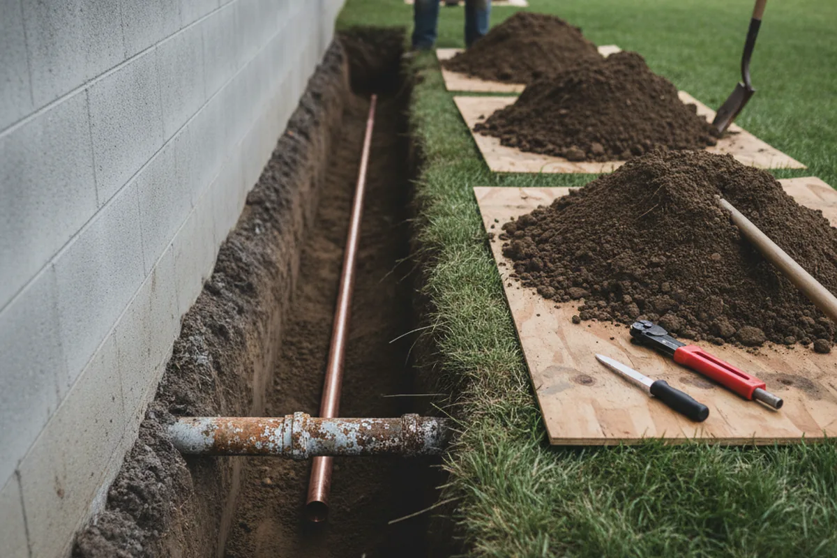 Excavated water line trench during Sewer Line Repair in Vale
